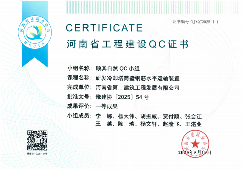 順其自然QC小組榮獲河南省建筑業(yè)協(xié)會一等成果--工程管理部